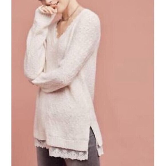 Anthropologie Sweaters - Anthropologie Knitted Knotted Sweater Womens XS V Neck Lace Trim Cottagecore